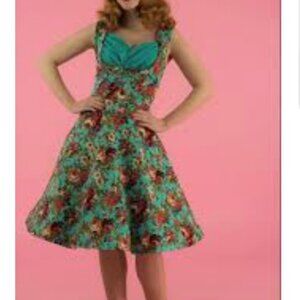 Lindy Bop Dress Large Blue Brown Floral Fit Flare Pinup Retro Swing Ophelia